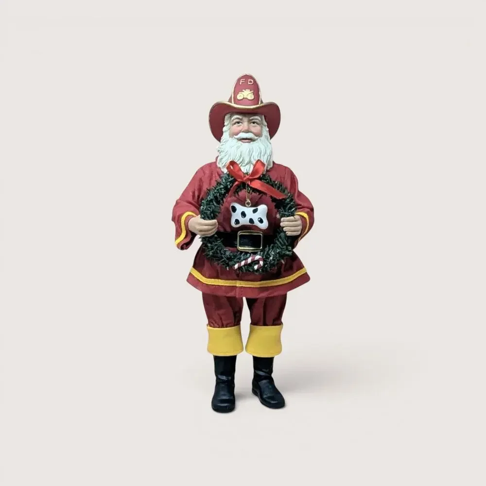 Vintage Fabriché Fireman Santa Holding Wreath Figurine